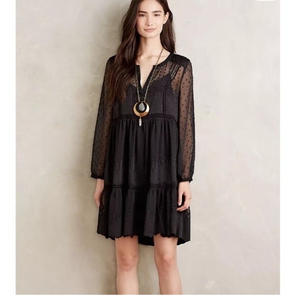 Anthropologie Vanessa Virginia Black Costa Maya Swiss Dot Long Sleeve Dress 2 - Picture 1 of 13